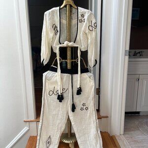 Z & L Linen black, tan & Gold Embroidered Pants (matching top in alt. posting)